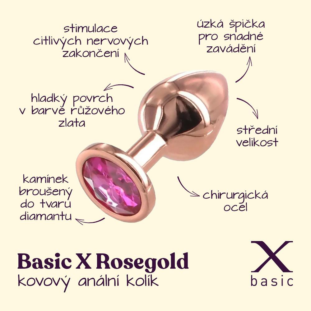 BASIC X Rosegold kovový anální kolík s kamínkem růžový vel. M - Image 2