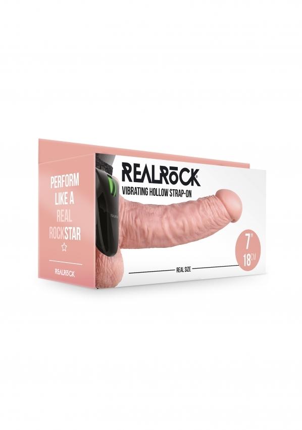 Realrock Vibrating Hollow Strap-on dutý připínací penis s varlaty 18 cm – tělový