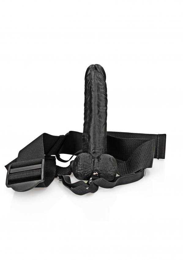 Realrock Hollow Strap-on dutý připínací penis s varlaty 18 cm - černý - Image 3