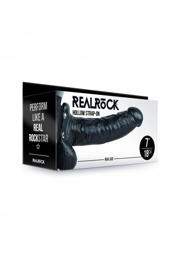 Realrock Hollow Strap-on dutý připínací penis s varlaty 18 cm – černý