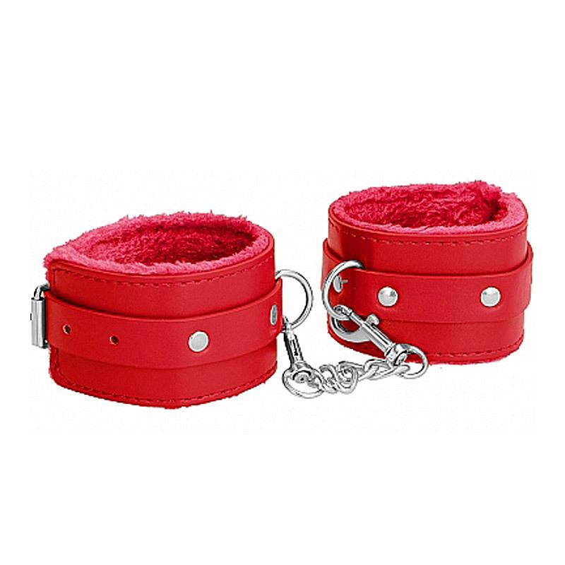 Kožená pouta na ruce s kožešinou - červená