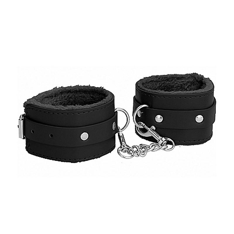 Ouch! Kožená pouta na ruce s kožešinou - černá