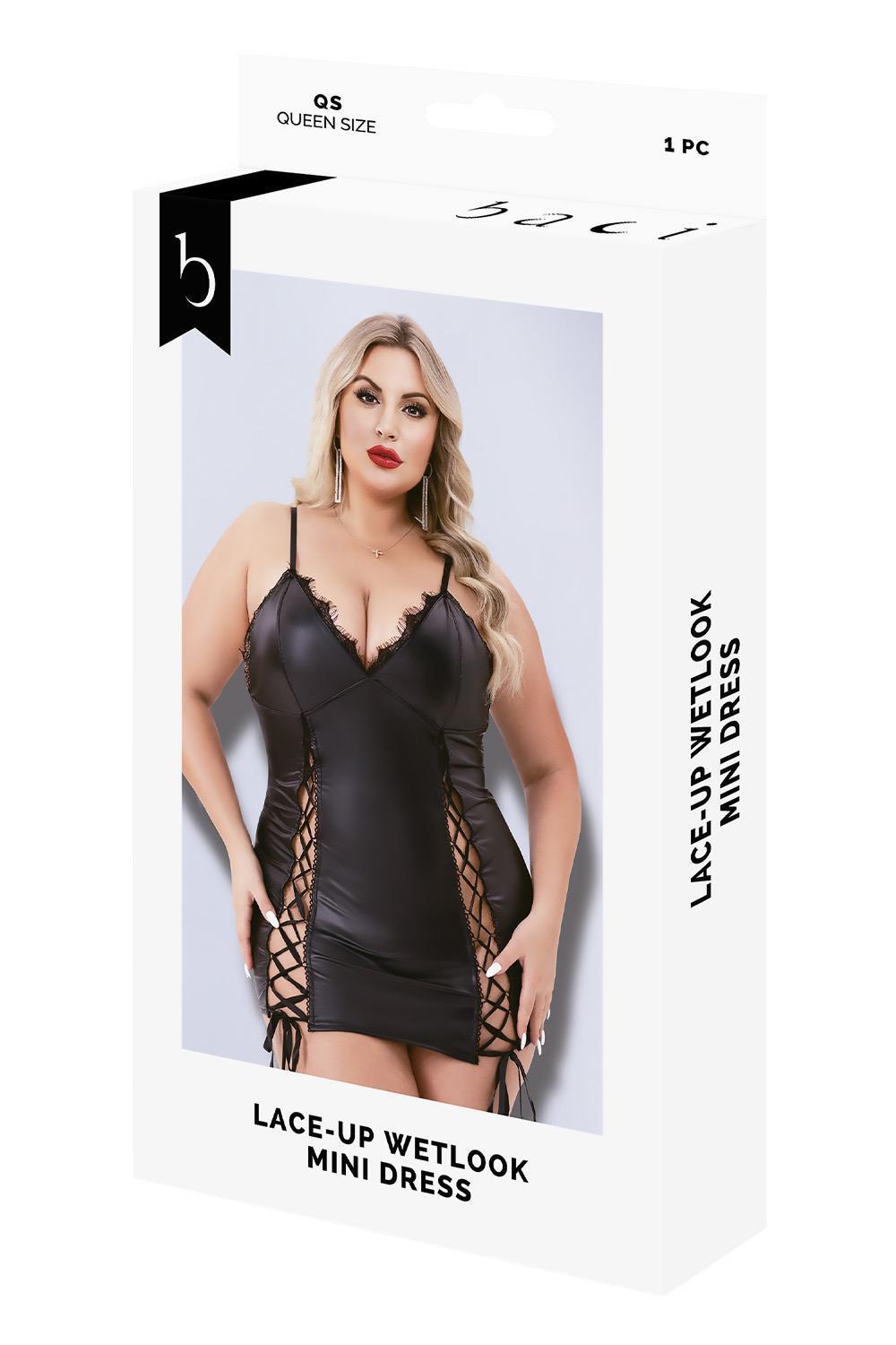 BACI Queen size Wetlook mini šaty - černé - Obrázek 3