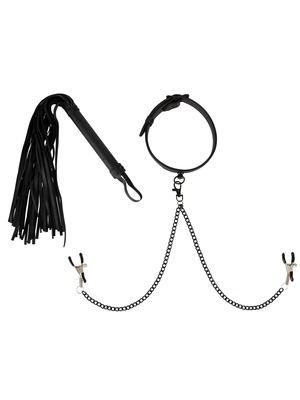 Svorky a přísavky na bradavky - Vegan Fetish Set obojek a důtky - 24931441001