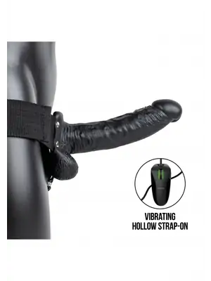 Připínací penis - Realrock Vibrating Hollow Strap-on dutý připínací penis s varlaty 18 cm - černý - REA133BLK