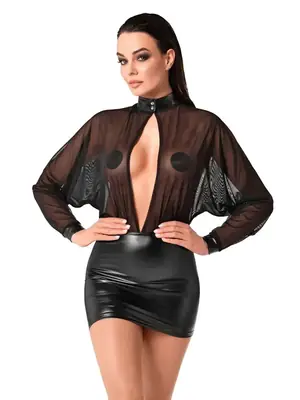 Erotické šaty - NOIR minišaty s průhledným topem - černé - 27190611041 - L